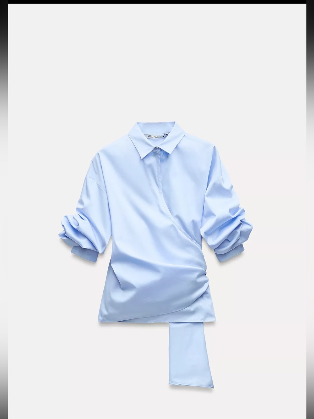 Light Blue Tied Poplin Draped Button-Up Blouse